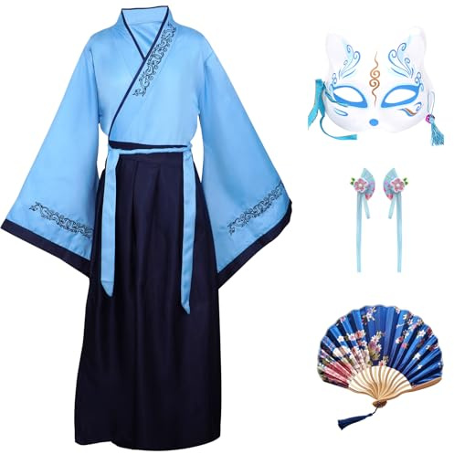 CRFASIBE Hanfu-dräkter för barn, kinesiska traditionella kläder, pojkar flickor kinesisk Cheongsam antik cosplay kostym med håraccessoarer, BLÅ, 130 cm
