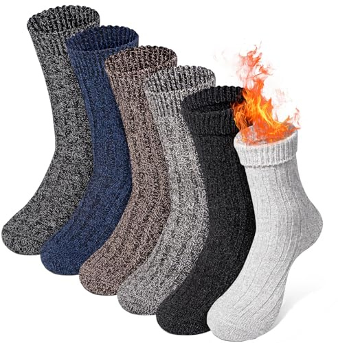Riqiaqia 6 Paia Calzini Termici in Lana Merino da Uomo per Inverno, Calze Spessi e Caldi in Lana Business Classico Grosso Termico per Escursioni, Trekking e Campeggio,Regalo per Uomo Donna