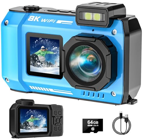 Digitalkamera, YISENCE 8K UHD Robust Wasserdicht Staubdicht Stoßfest Digitalkamera mit 64GB Karte 70MP Autofocus Selfie mit Zwei Bildschirmen 33FT WiFi Unterwasserkamera für Schnorcheln