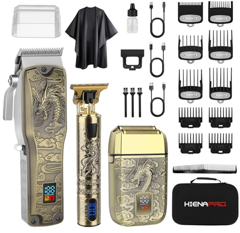 HIENA PRO Cortapelos profesional inalámbrico para hombre, juego de 3 piezas para hombres y adultos, cortadoras de peluquería recargables con batería de 240 minutos, kit de peluquería para el hogar