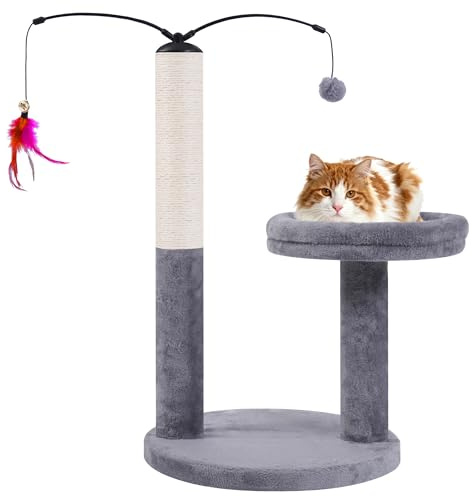 AIWIKIDE 24 Scratching Post, Interactive Cat Scratcher, with Perch & Plush Toy, Sturdy Weighted Base, Grey