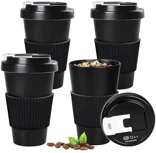 Greentainer Kaffeebecher to go,4-Coffee-to-go-Becher mit Auslaufsicherem Deckel,Travel Mug aus RPET perfekt für Büro,Auto& Uni,Camping,Wiederverwendbare Reisebecher,Mikrowellen-und spülmaschinenfest