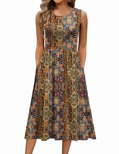 Zeagoo Boho Dresses for Women Summer Casual Tank Dress for Beach Ethnic Floral Aline Flowy Tshirt Sundress Sleeveless Midi Dress with Pockets M