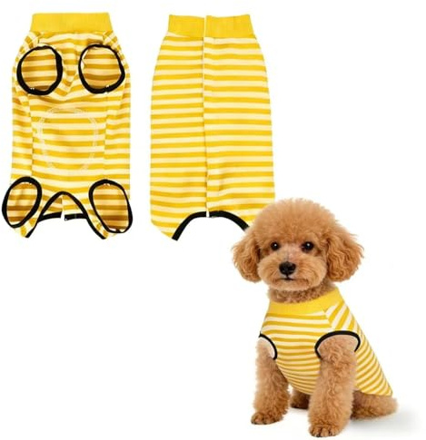 Recovery Suit for Dogs Leak-Proof Protective Suit for Dogs Yellow White Stripe Soft Surgical Bodysuit Wound Protection Cone Alternative (L)