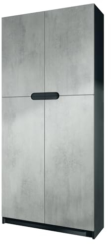 Vladon Meuble Rangement Bureau Logan V1, Armoire de Bureau Haute avec 5 Compartiments et 4 Portes, Noir Mat/Aspect béton oxyde (82 x 185 x 37 cm)