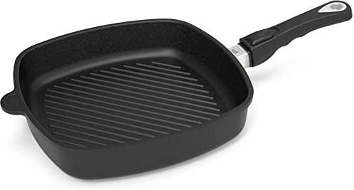 AMT Gastroguss Eckpfanne 28 x 28 cm, 5 cm hoch, mit Grillboden, abnehmbarer Stiel, nicht induktionsgeeignet, Lotan® Antihaft-Veredelung, Gusspfanne (Aluguss), AMZN-E285G-Z20B