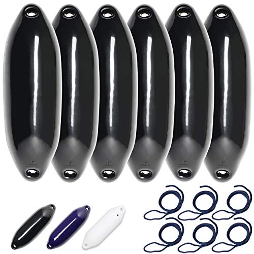 HonuNautic 6er Set Fender incl. Fenderleinen | U-Serie | Farbe: Schwarz | Größe: Ø 10 x L 33 cm | Boot & Yacht Stegfender, Langfender
