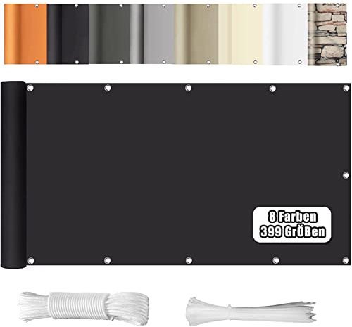 WEALSFUN Balkon Sichtschutz Balkonabdeckung (390Größen & 8 Farben) Balkonverkleidung Ohne Bohren blickdichte Wind UV-Schutz mit Ösen Kabelbinder Kordel, 90X400CM Schwarz