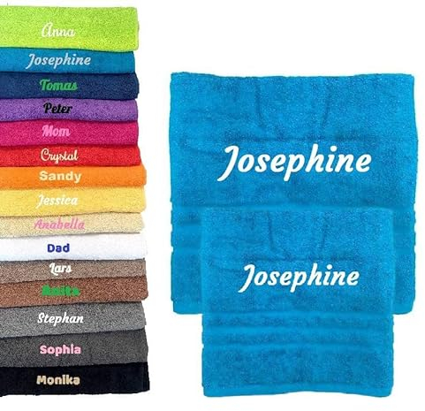 Pet-Jos 2er Pack Personalisiertes Handtuch und Badetuch mit Namen Schön gestickter Name Handbadetuch 100 % Baumwollhandtuch 50 x cm + 140 70 Personalized Custom Towel with (Türkis)