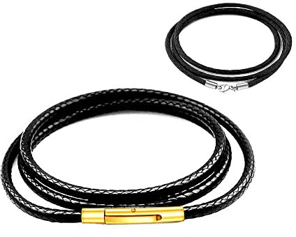 Findout 3mm schwarze wasserdichte geflochtene Lederhalskette für Herren, Gold Edelstahl-Schnallenverschluss lederschnur lederband kette für Damen, kostenlose Seidenkette 14-36 Zoll (14)