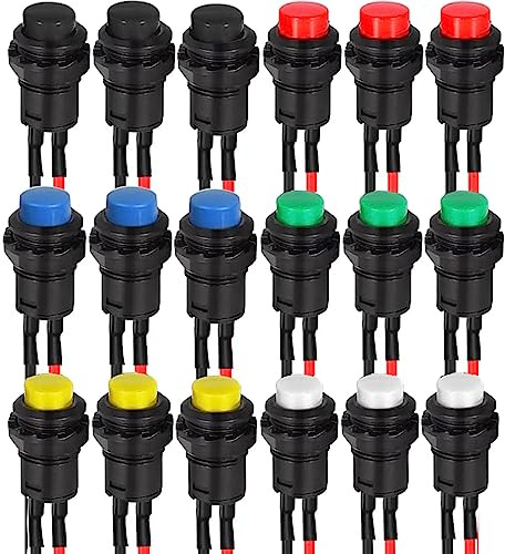 RUNCCI-YUN 18pcs 12V Interruttore Pulsante Rontondo,Mini Pulsanti,12mm Pulsante Interruttore Momentaneo,pulsanti da pannello per DIY auto, Campanello, Barca (rosso,nero,blu,verde,giallo,bianco)