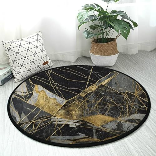 DNOVING ARA-124305564 Teppich, weicher schwarzer Marmor mit goldenen Linien, rund, rutschfest, für Schlafzimmer, Wohnzimmer, waschbar und kein Ausfallen, 91 cm