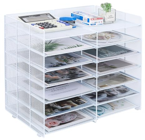 TQVAI 7 nivåer brevfack skrivbordsarrangör justerbar 12 fack fil sorterare tidningsställ nät kontor skrivbord prydlig organisatör, vit