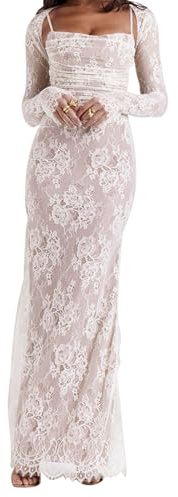 Women Vintage Cream Lace Maxi Dress Romantic Long Sleevees Lace Bodycon Dress White L