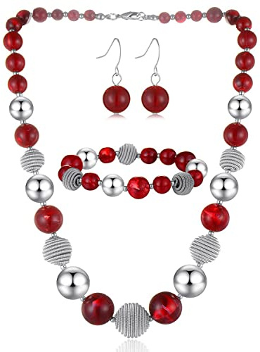 FULU AUTUMN 3 Pcs Parure de Bijoux Collier de Perles Grosses Bracelet et Boucles d'Oreilles Cadeau d'Anniversaire pour Femme(Red)
