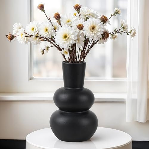 Winter Shore Kleine Vase Schwarz aus Keramik - Elegante Vase Keramik für Einen Blumenstrauß - Blumenvase Modern - Kurze Tisch-Vase für Pampasgras - Glatte Blumenvase Schwarz zur Blumenpräsentation