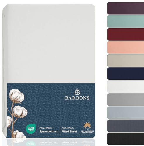 BARBONS Spannbettlaken 180x200cm - 100% Baumwolle Spannbetttuch Oeko-TEX Zertifiziert Bettlaken Jersey Bettwaren und Bettbezug für Boxspringbett und Dicke Matratzen bis 27 cm - Weiss 180 x 200