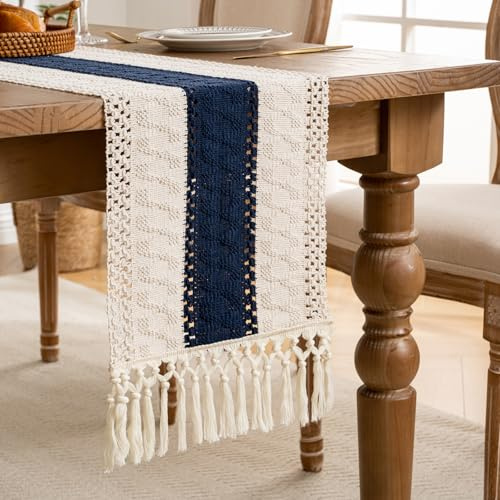 Caminos de Mesa Lgodón y Lino Camino de Mesa Moderno con Borla Camino de Mesa Rustico Bohemio Costura Bicolor Azul Oscuro para Decoración de Mesas de Fiestas Navideñas, Bodas y Comedores
