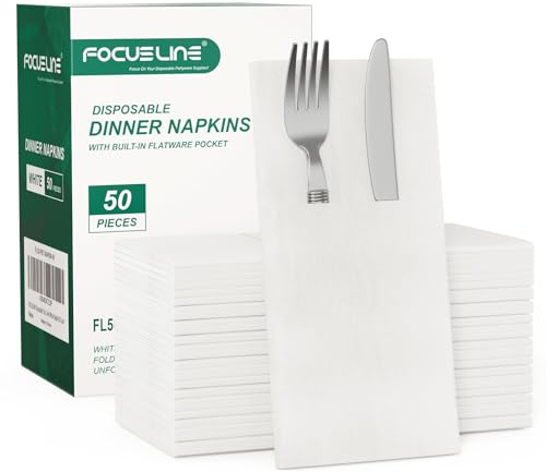 FOCUSLINE 50 Count Disposable Linen Feel Napkins with Flatware Pocket, White, Paper, Multi-Ply
