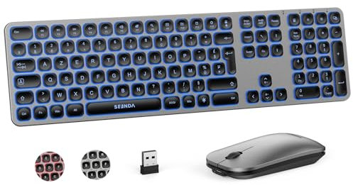 Clavier Souris sans Fil Retro Eclairé, Ensembles Clavier et Souris sans Fil Rechargeable Silencieux, AZERTY Français, pour Windows PC, Ordinateur Portable, Gris