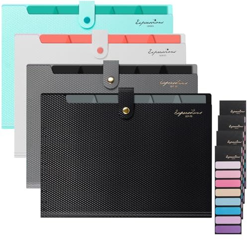 Fächermappe A4, Dokumentenmappe mit 5 Fächern, 4Pcs Document Organizer mit Etiketten, Erweiterbar Tragbar Ordnungsmappe Mappen Ordnersystem