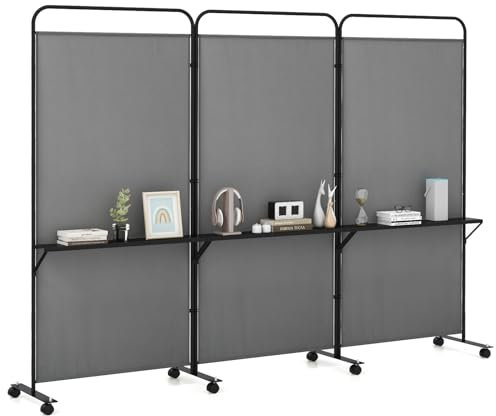 COSTWAY 3 Panel Folding Room Divider, Rolling Wall Privacy Screen Protector with 3 Metal Shelves & Lockable Wheels, Freestanding Paravent Partition Separator for Bedroom Office, 262 x 188cm (Grey)