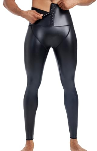 Ausing Läderleggings för män, smala kompressionsbyxor, sportbyxor, fitnesskläder leggings med hög midja för nattlåda, cosplay-kostym, Svart med lås, M