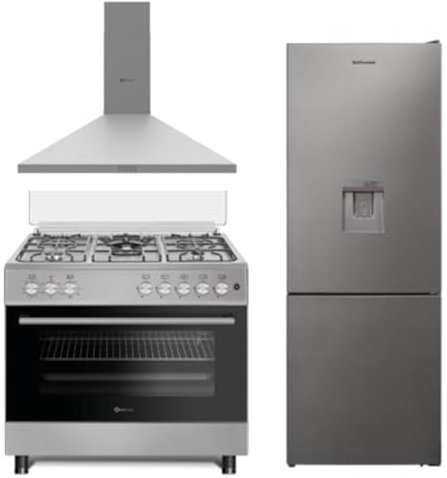 PACK INOX SOLTHERMIC F9L50E5RI COCINA GAS CON HORNO ELECTRICO INOX/ANCHO 90 CMS / 5 FUEGOS/HORNO PANORAMICO 115 L. + FRIGO COMBI 1,85 NO FROST CON DISPENSADOR + CAMPANA 90