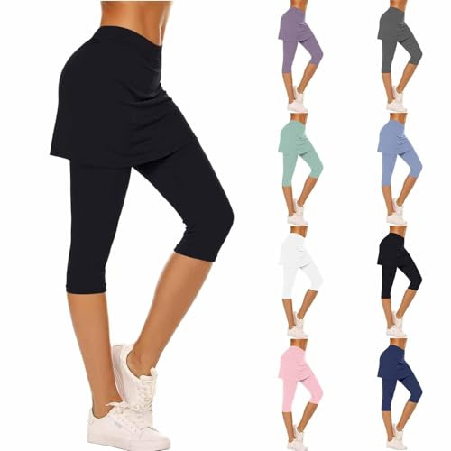 AMDOLE Jupe-short pour femme - Jupe-short de sport pour femme - Jupe de tennis - Jupe de hockey - Capris de gym 3/4 - Pantalon de yoga avec poches et prise casque, Noir , S