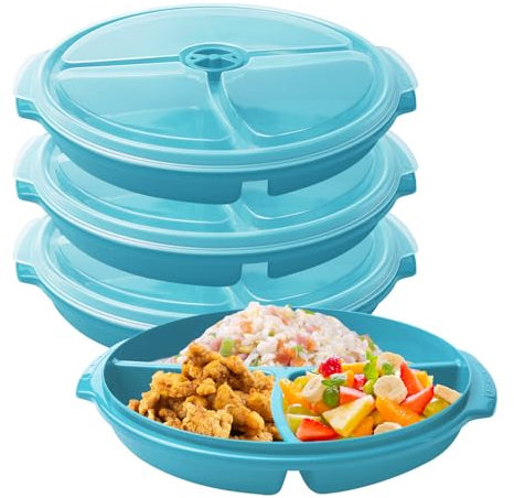 Set 3 Mikrowellen Teller: Mikrowellengeschirr mit Deckel Mikrowellenteller BPA-frei Wiederverwendbar, Mikrowellenfeste Frischhaltedose mit 3 Fach Aufteilung Deckel zum Erhitzen Einfrieren-Blaugrün