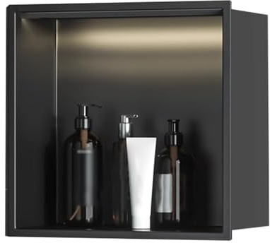 Baodiale Stainless Steel Shower Niche with LED Light Wall Insert Matte Black, Embedded Wall Niche No Tile Needed, Black Bathroom Shower Storage Shelf