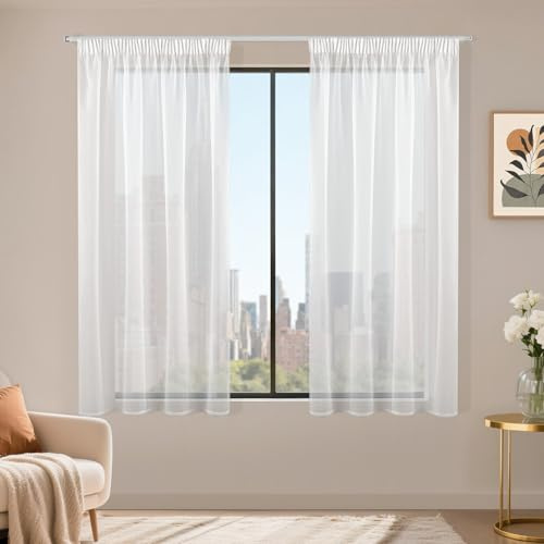Runyéla Cortinas Salon Translucidas Decoracion Habitacion Visillos Cortos para Ventanas 140 x 145 cm Modernas 2 Piezas Blanca Cortina para Riel Blanco