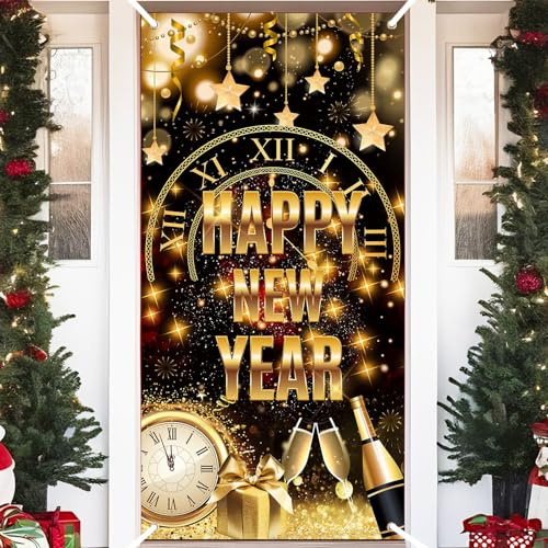 Froova Happy New Year Door Cover 2026 Black Gold New Years Eve Decorations Door Banner Backdrop with Pattern Firework Star Clock Cheers Banners for Home Yard Indoor Outdoor Wall Nye Party Supplies