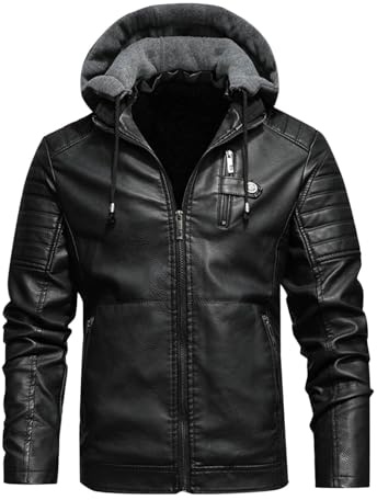 Générique Blouson Moto Homme a Capuche Veste Cuir Hiver Chaude Bombers avec Poche Zippé Aviateur en Peluche Jacket Couleur Unie Vestes d'Extérieur Manteau Décontractée Coat avec Cordon Vetements