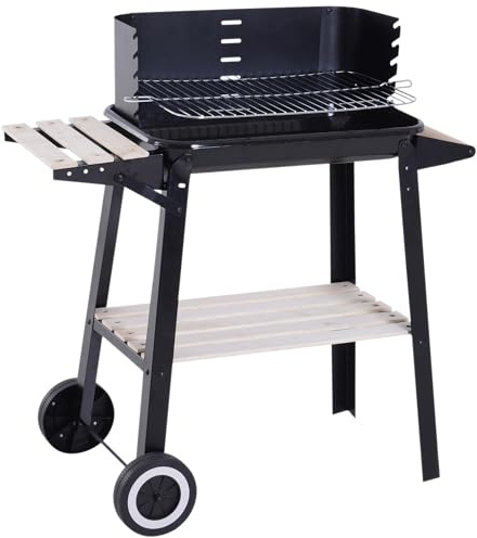 Outsunny Griglia a Carbone Barbecue BBQ Carrello Grill per Picnic con Ruote da Balcone Giardino in Ferro e Legno 83 × 37 × 87 cm Nero