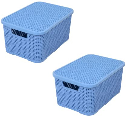 BranQ - Home essential Korb mit Deckel in Rattan Design 2er Set Grösse M 10 l, BPA-frei Kunststoff PP, Denim Blau, 32,3x22,5x15 cm, 2 Stk.