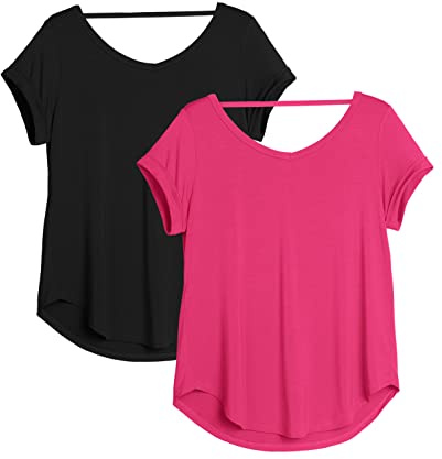 icyzone Maglia Sportiva Donna Senza Schienale,T Shirt Donna Sportiva Maniche Corte Sciolta Traspirante Maglietta per Palestra Corsa Yoga (Pacco da 2) (L,Nero/Litchi Rosa)