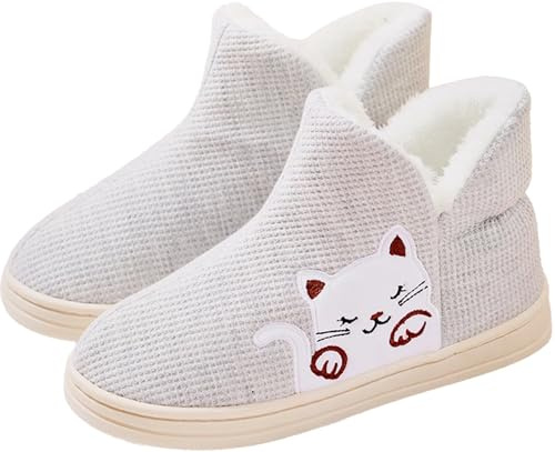 GILKUO Hausstiefel Damen Warm Hausschuhe Stiefel Winter Hüttenschuhe Hoch Hüttenstiefel Plüsch Warme Pantoffeln Feste Sohle Grau Größe 36 37