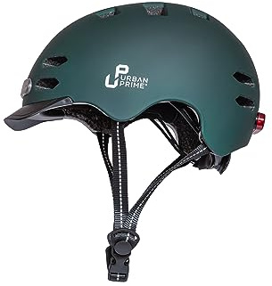 Urban Prime Urban Helmet, Casco Protettivo con Visiera e Luce Anteriore/Posteriore, per Bici, e-Bike e Monopattino Elettrico, Unisex Adulto, Verde, L