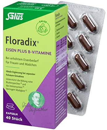 Salus Floradix Eisen plus B-Vitamine - 1x 40 Kaspeln (48 g) - bei erhöhtem Eisenbedarf für Frauen und Mädchen - als ideale Ergänzung bei separater Folsäureeinnahme - vegan