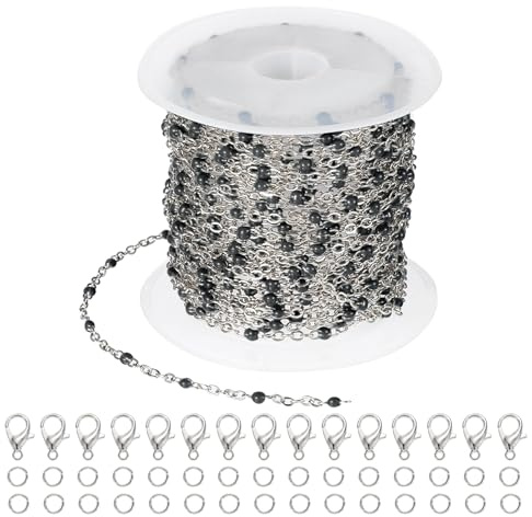 PATIKIL Stainless Steel Jewelry Chain, 16Ft 1.5mm Black Beaded Link Cable Chains for Necklace Earring Bracelet Findings Jewelry Making Trucker Hat Chains, Silver/Black