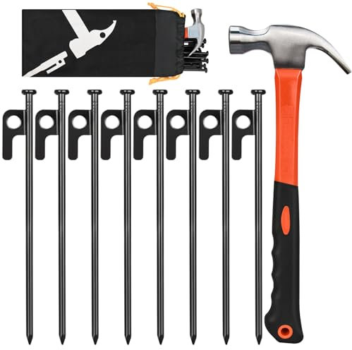 8 Pack 8in Heavy Duty Forged Steel Tent Stakes and Hammer Set, with Storage Pouch, Available in Rocky Place