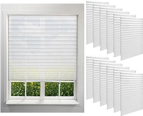 Kigley 12 Pack Filtering Temporary Blinds for Windows, 48 x 71 Inch Cordless Pleated Light Filtering Shade Self Adhesive Pleated Window Shade Fabric, Easy to Cut and Install, with 24 Clips (White)