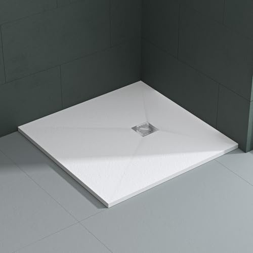 Mai & Mai Receveur de Douche 100x100x3cm Bac à Douche Blanc Mat en Résine Raccords DIN Carré Design Geo09 Avec Bonde