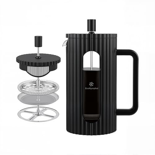 EcoNymphal French Press 1 Liter Kaffeemaschine - Kaffeepresse für Cold Brew und Heißgetränke - Mit Edelstahlfilter, heißfestem Glas - Spülmaschinenfest & BPA-Frei