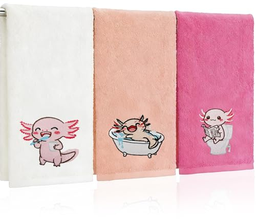 EcoUtens Axolotl Gifts for Girls, 3 Pcs Pink Towels, Pink Towel Set with Cute Embroidery, Absorbent Embroidered Decorative Towel, Bathroom Decor, Hand Towels for Girls & Women, Axolotl Lover Gifts