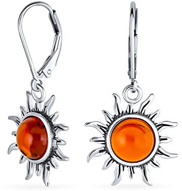 Boucles d'oreilles pendantes en ambre cognac véritable en forme de soleil levant sur la plage pour lune de miel tropicale pour femmes, fermoir à levier en argent sterling oxydé .925.