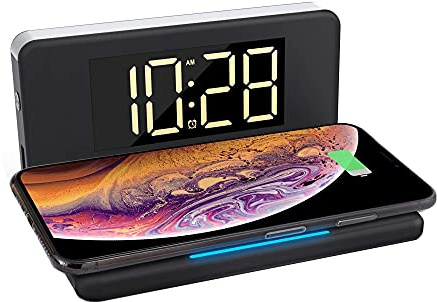 TerraTec ChargeAir Clock–Digitaler Wecker Nachtlicht mit Wireless Charger Ladepad, Kabelloses 10W QI, Kompatibel mit 12/11/11 Pro/11 Pro Max/XS MAX/XR/XS/X/8/8+, Galaxy Note 10/S10e/S10/S9, AirPods, 286141
