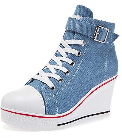 Zoifada Damen Canvas Keilabsatz Schuhe Sneaker mit Absatzhöhe Trunschuhe für Sport Freizeit Laufschuhe mehrere Farben Jeansblau,39