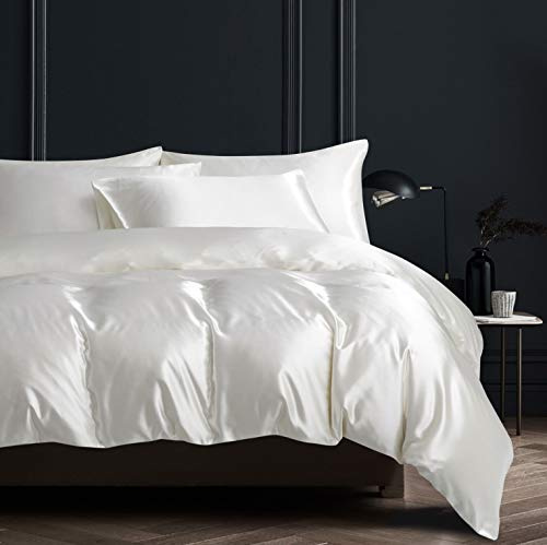 Damier Biancheria da letto 220 x 240 cm, in raso bianco, set da 3 pezzi, qualità alberghiera, copripiumino con chiusura lampo e 2 federe da 80 x 80 cm